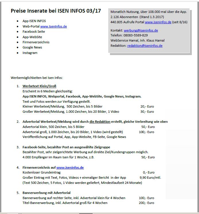Preisliste Inserate Isen Infos 2017-04