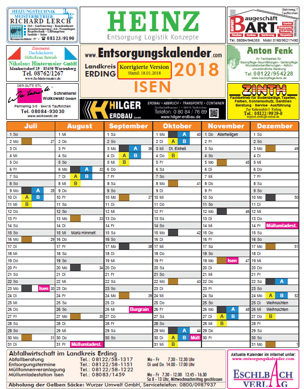 Isen Entsorgungskalender korrigiert. 2. Halbjahr