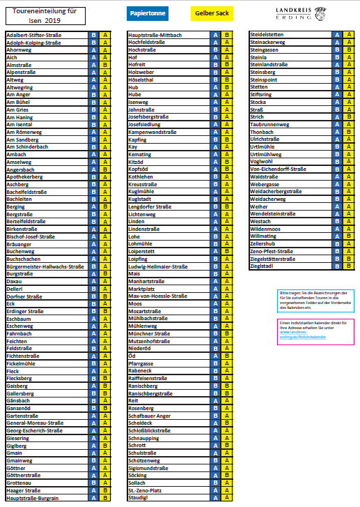 Entsorgungskalender 2019 Straßenliste Isen