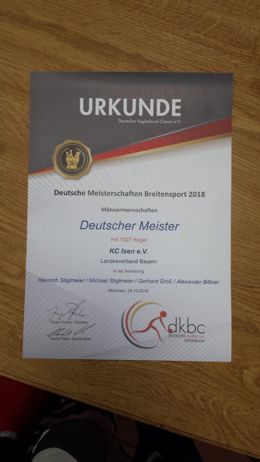 Deutscher Meister im Kegeln wurde der KC Isen 2018