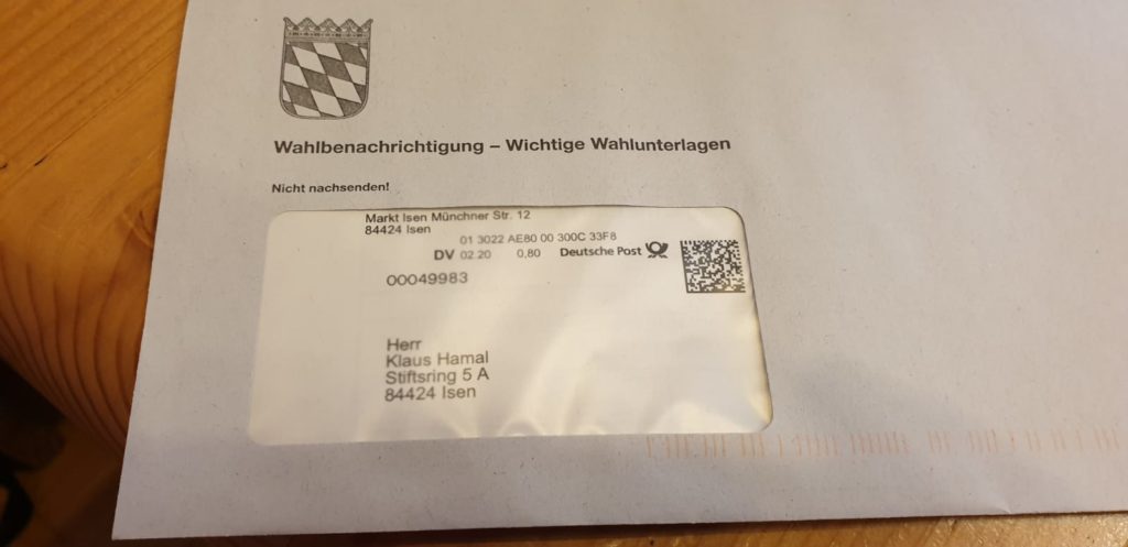 Wahlbenachrichtigungs-Schreiben Kommunalwahl Isen 2020