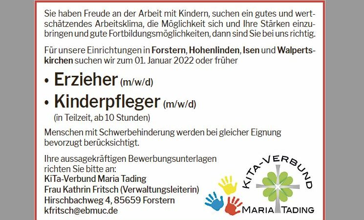 Kindergarten St. Zeno: Erzieher/in dringend gesucht!