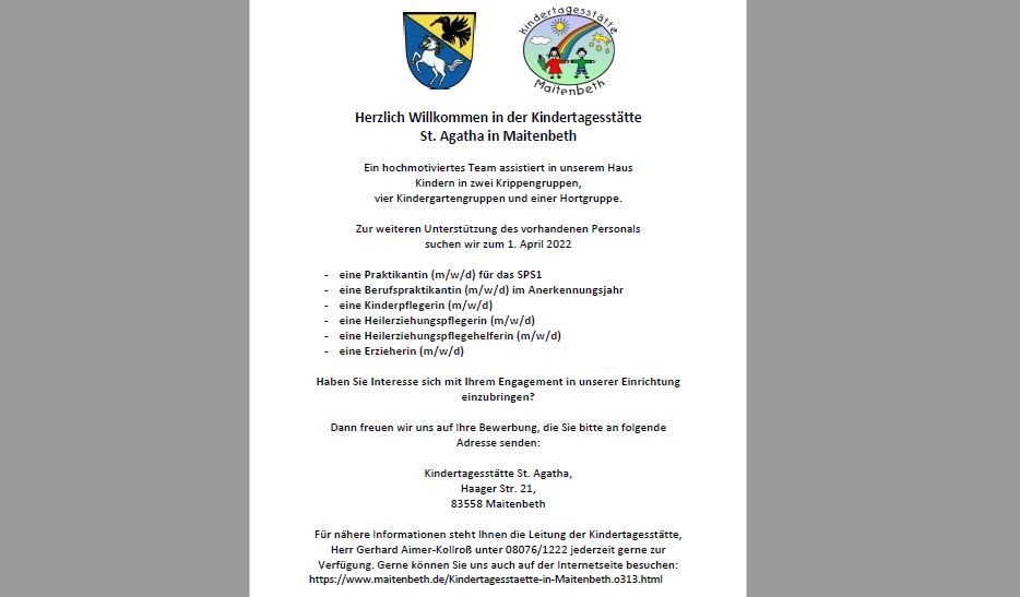 Stellenangebot Kita St. Agathe Maitenbeth