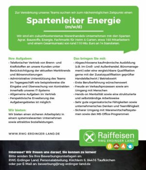 RWG Erdinger Land sucht Spartenleiter Energie (m/w/d)