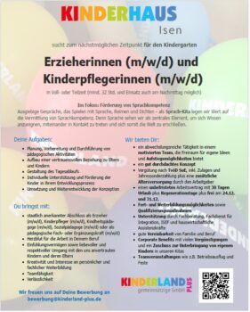 Kinderhaus Isen Mitarbeiter für Kindergarten gesucht 2026-03-Kindergarten-Inserat-Kinderland
