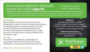 Raiffeisenmarkt sucht Lagerist (m/w/d) 9295_Erdinger_Land_20260409_Stellenanzeige-Lagerist-Isen_138x80mm