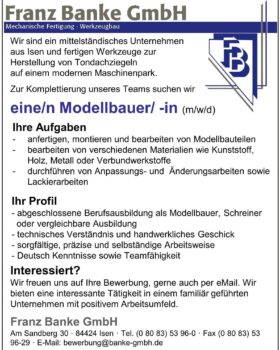 Jobangebot: Modellbauer/in bei Franz Banke GmbH in Isen 782599209_1611615737005948_4499828672735778557_n